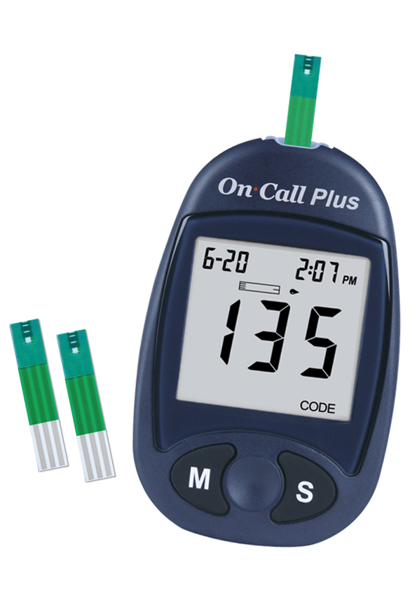 On Call Plus dark blue blood glucose meter with green test strips